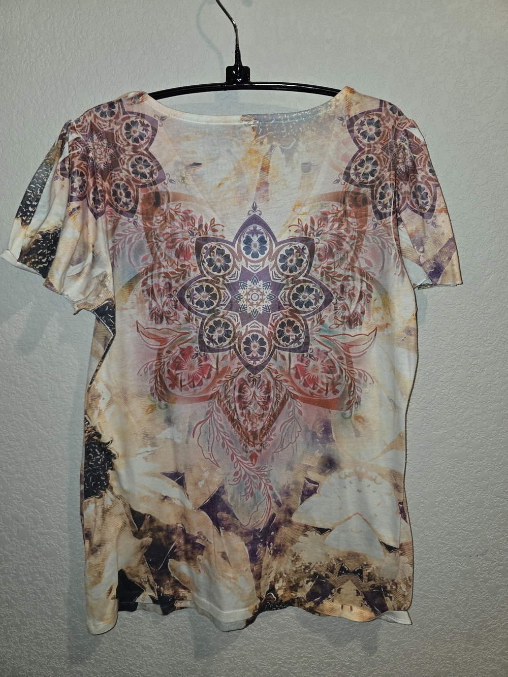 Boho Mandala Rhinestone V-Neck Short Sleeve Top - Size Medium (Rusty Henna) - Picture 2 of 4